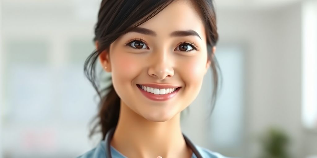 Medical assistant smiling while helping a patient.