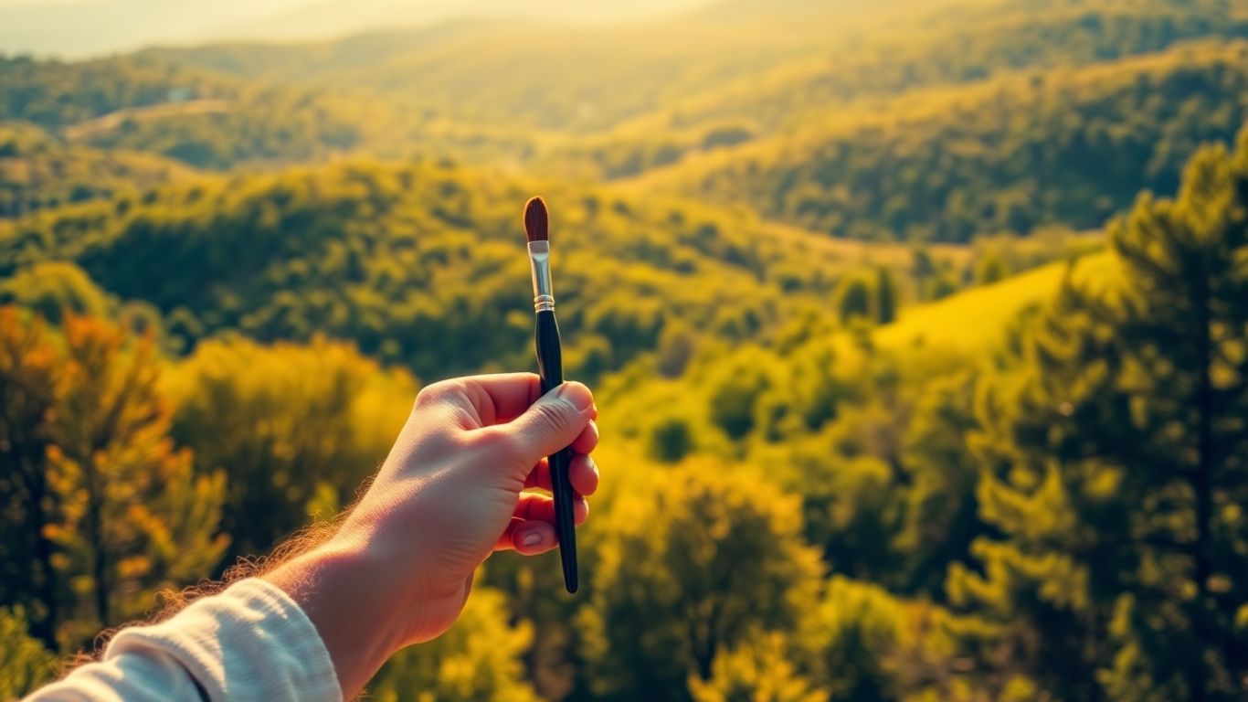 Painter's hands with brush over landscape painting