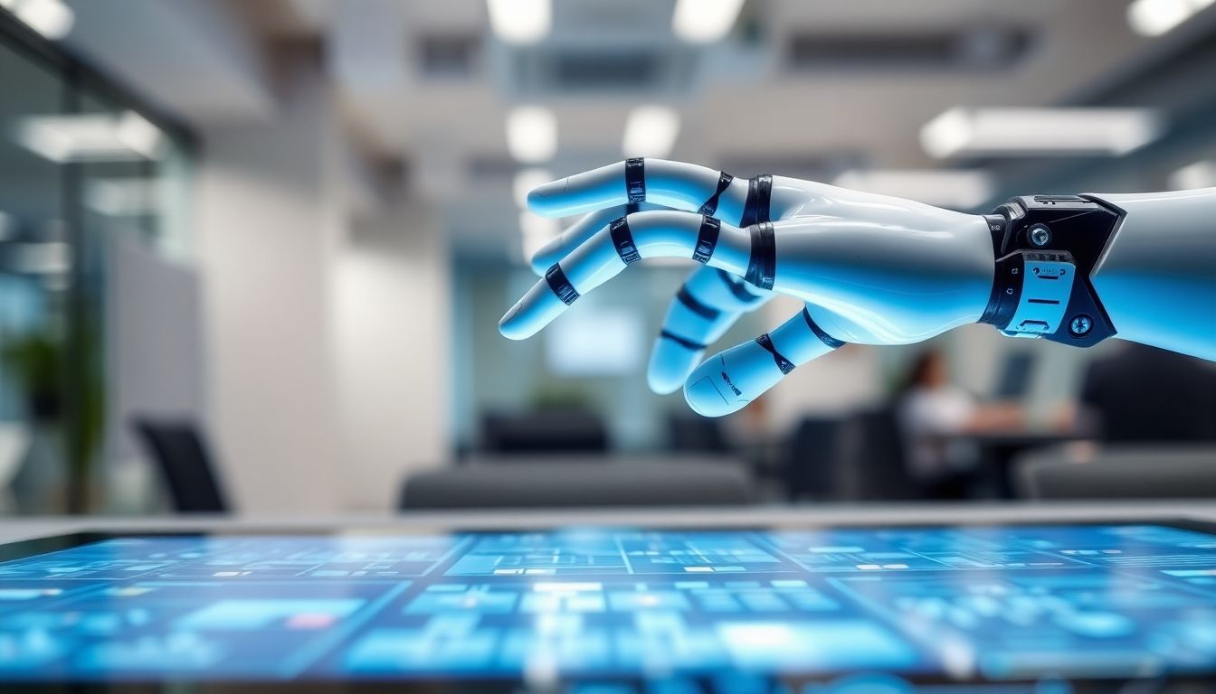 A robotic hand interacting with digital content on a screen.