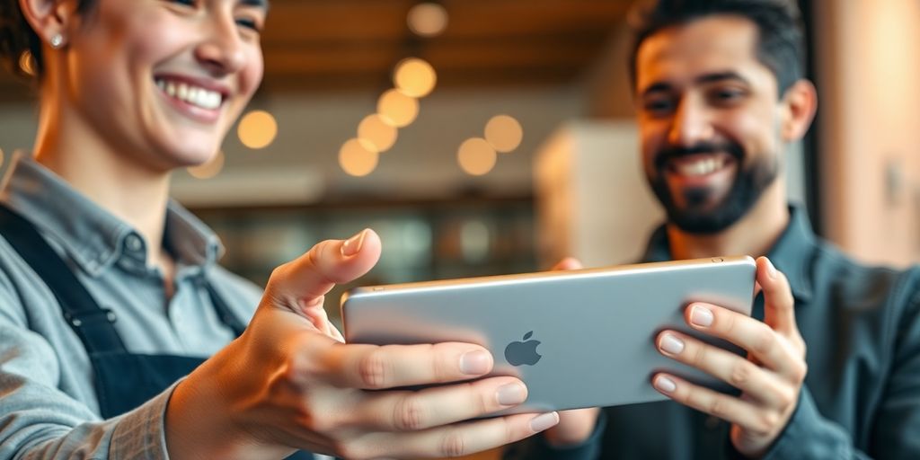 Salesperson interacting with happy customer holding product.