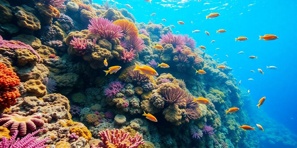 Colorful coral reef with diverse fish swimming around.