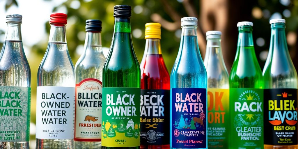 Assortment of Black-owned water brand bottles outdoors.