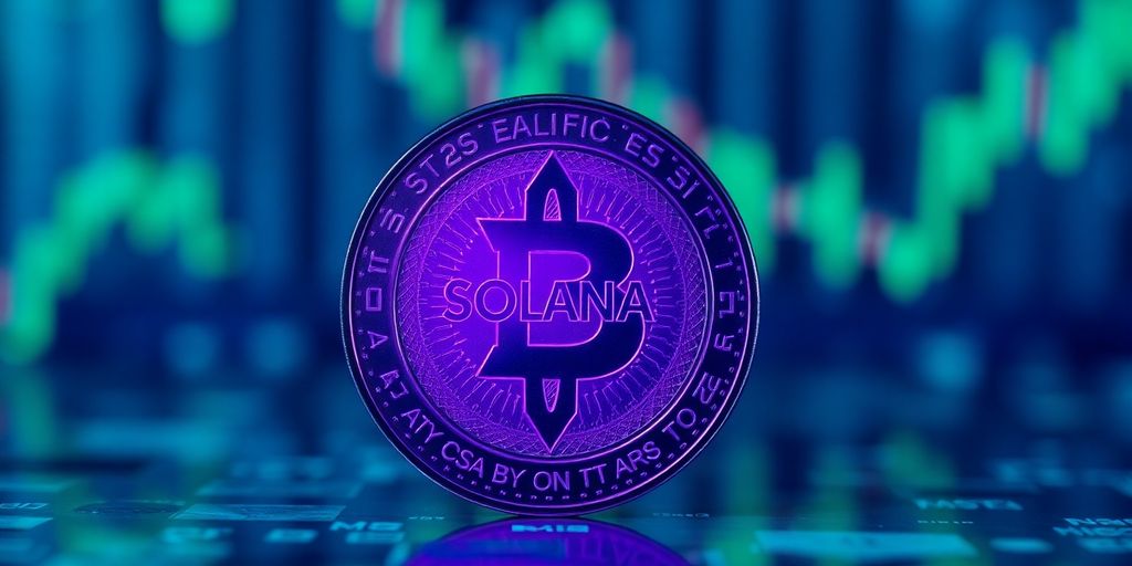 Glowing purple Solana coin, digital financial background.