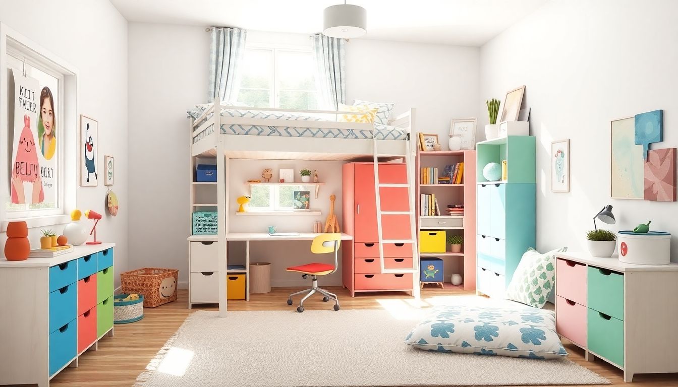 Stylish kids' room with space-saving furniture and decor.