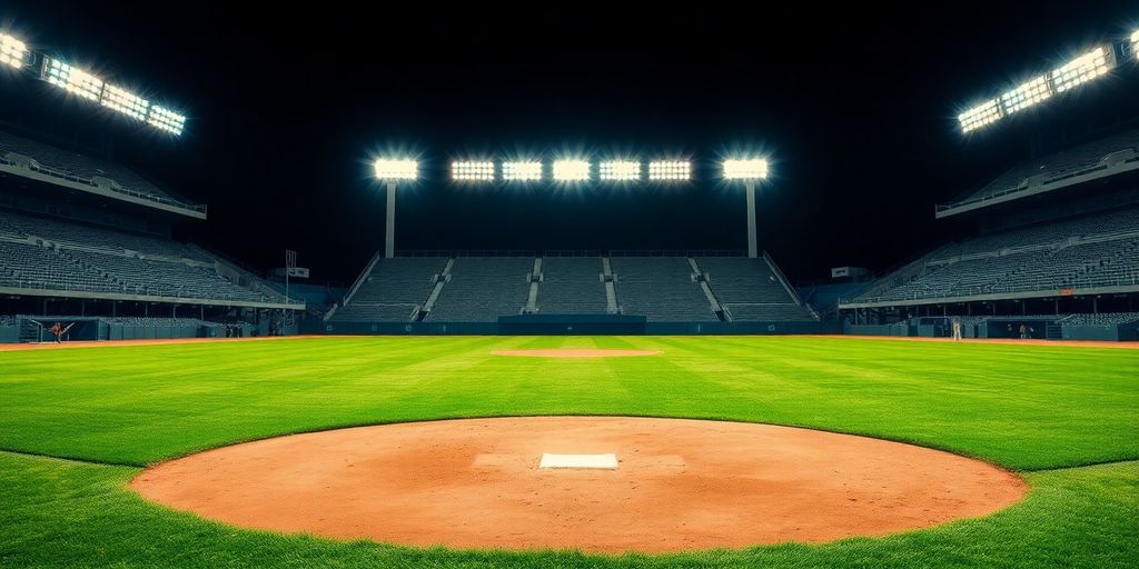 Baseball diamond with stadium lights at dusk.