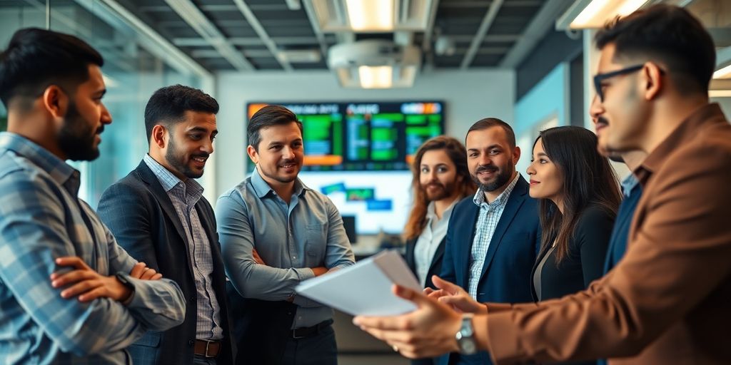 Diverse team discussing options trading strategies in an office.