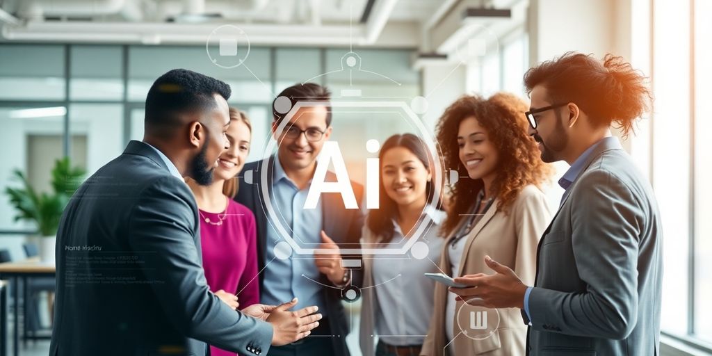 Diverse professionals collaborating in a modern office setting.