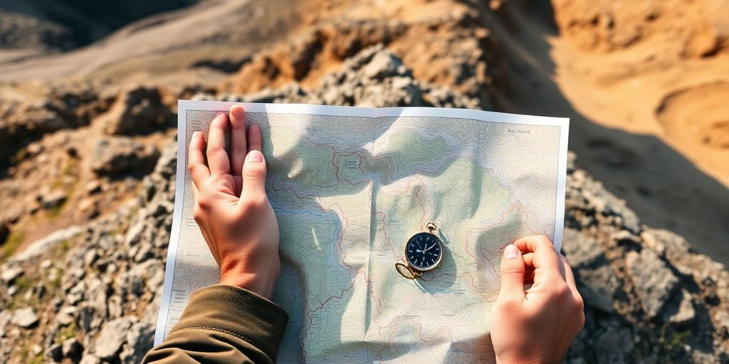 Overhead view of a hiker studying a detailed trail map.