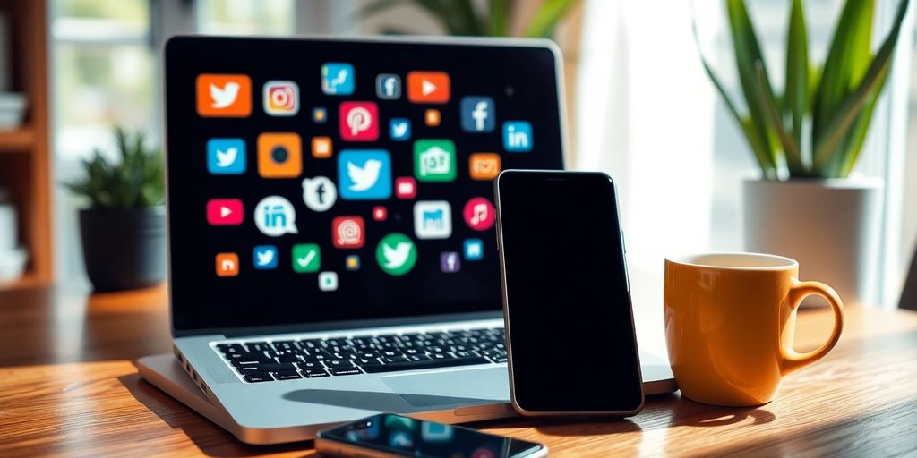 Laptop and smartphone with social media icons and coffee cup.