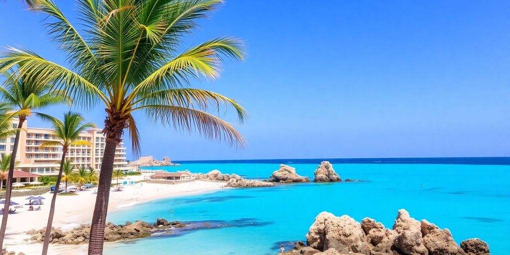 Playa de Cabo San Lucas con hoteles y palmeras.