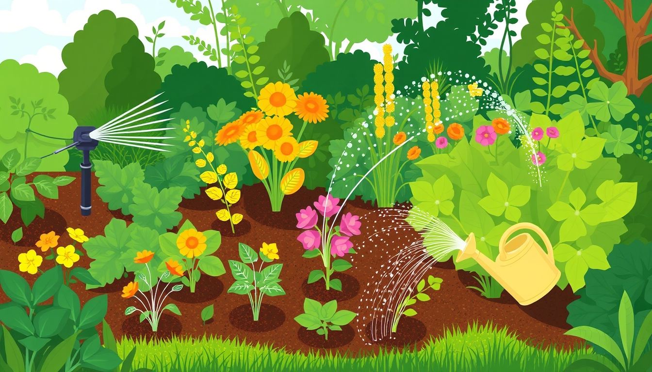 Garden with plants being watered using various techniques.