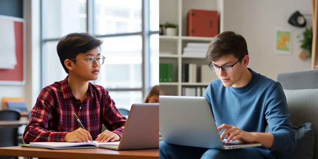 Pessoas estudando em ambientes diferentes.