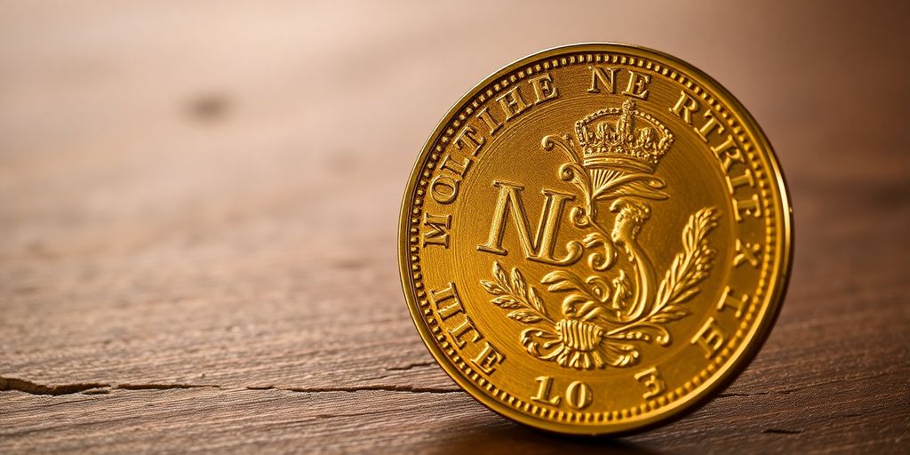 Monnaie Napoléon en or sur une table en bois.