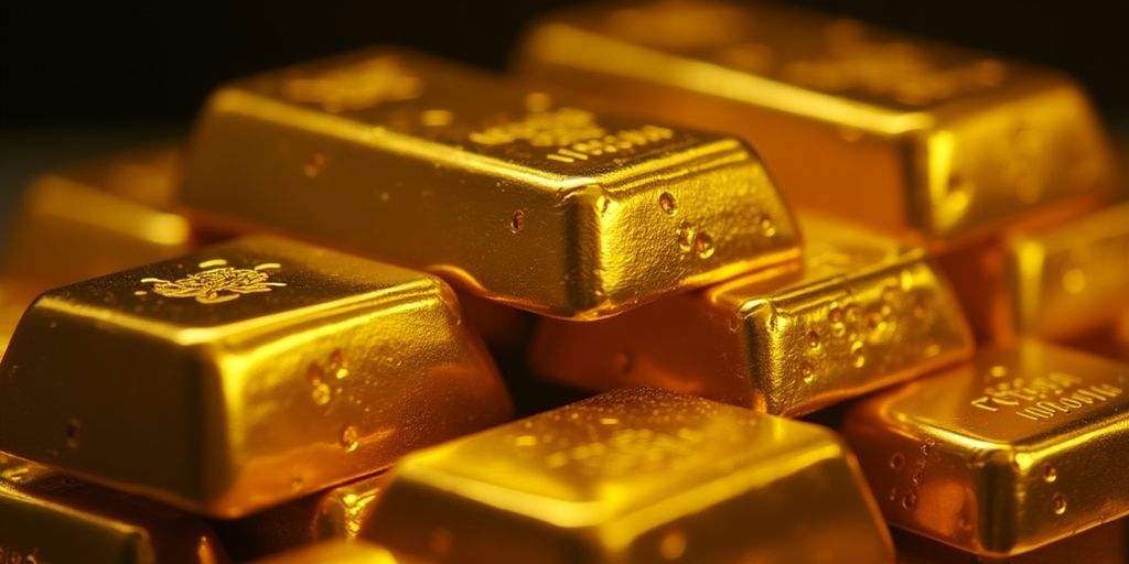 Des lingots d'or brillants empilés sur un fond sombre.