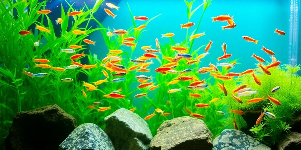 色彩斑斓的孔雀鱼在郁郁葱葱的水族箱中游泳。