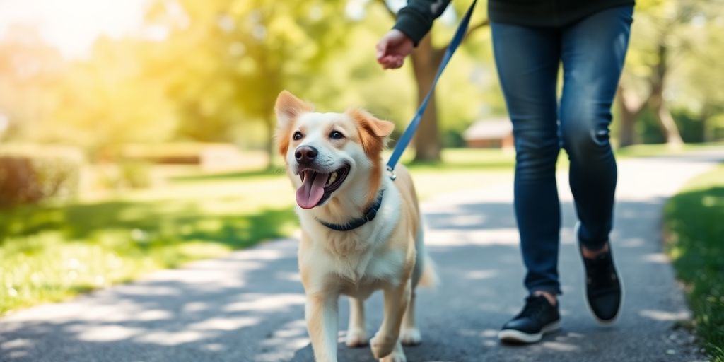 Dog on leash walking with happy owner in a park.