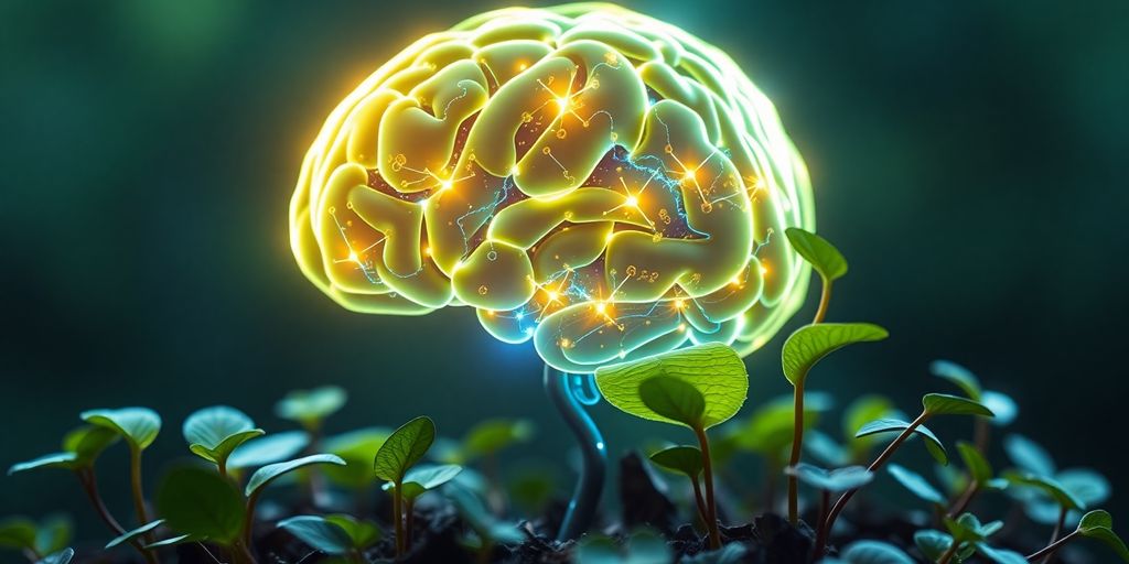 AI brain alongside evolving plant growth.