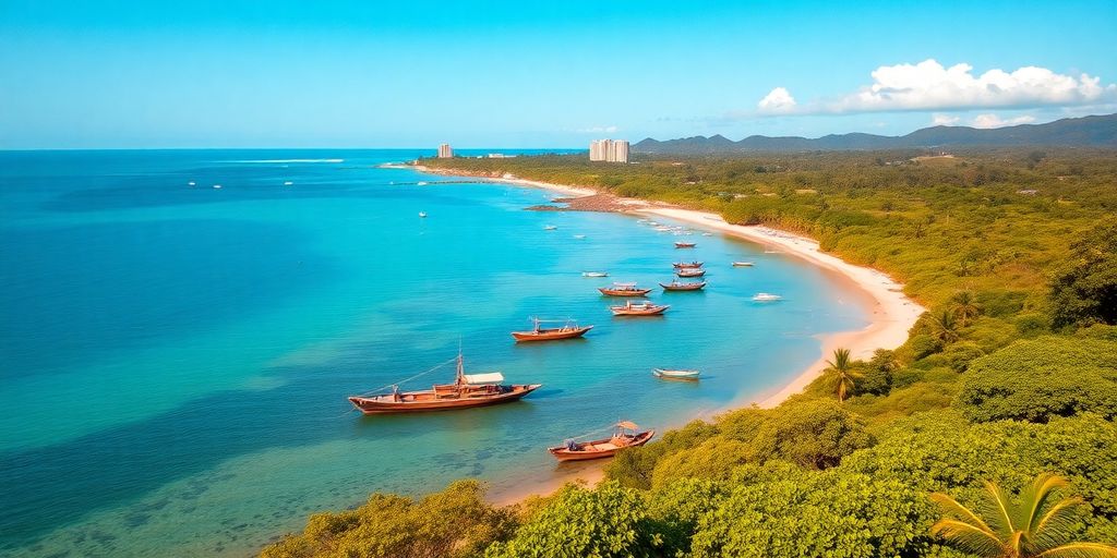 Coastal landscape of Liberia with boats and greenery.
