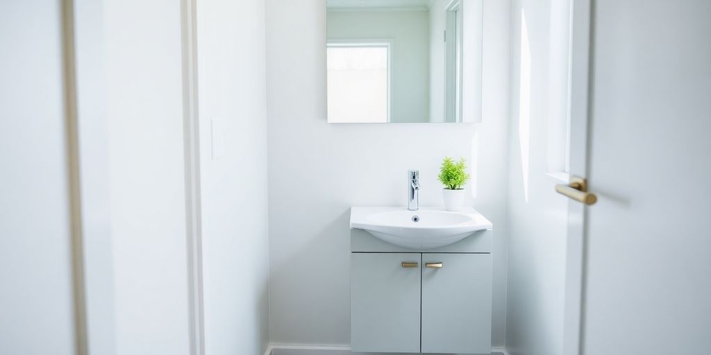 Compact modern bathroom with stylish small vanity.