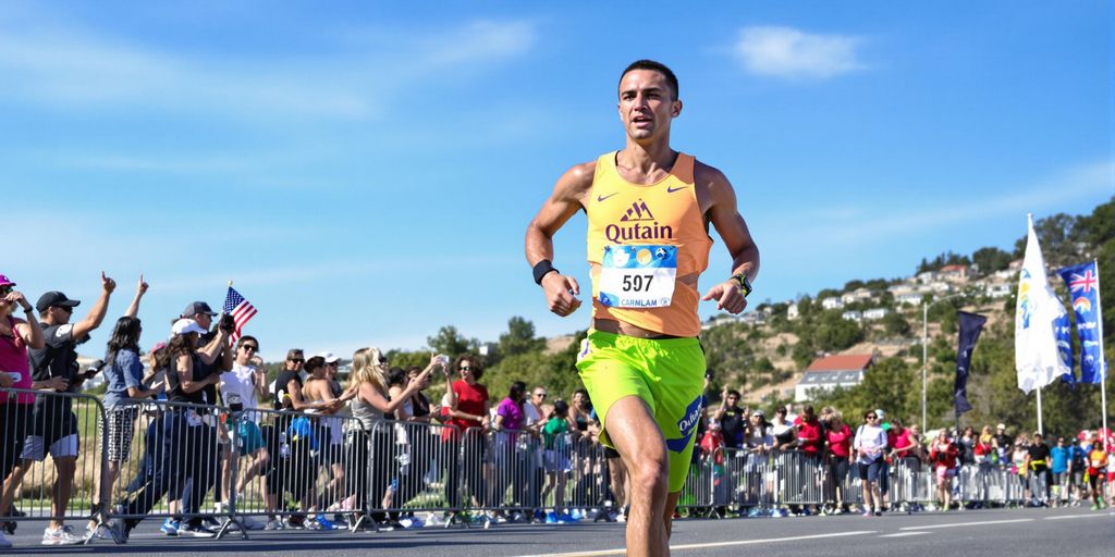 Runner racing through a vibrant marathon course.