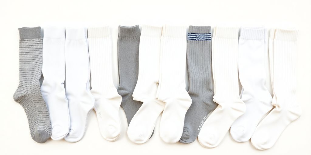 Collection of white men's socks on a neutral background.