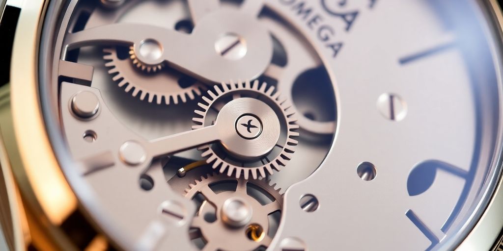 Close-up of an Omega watch movement