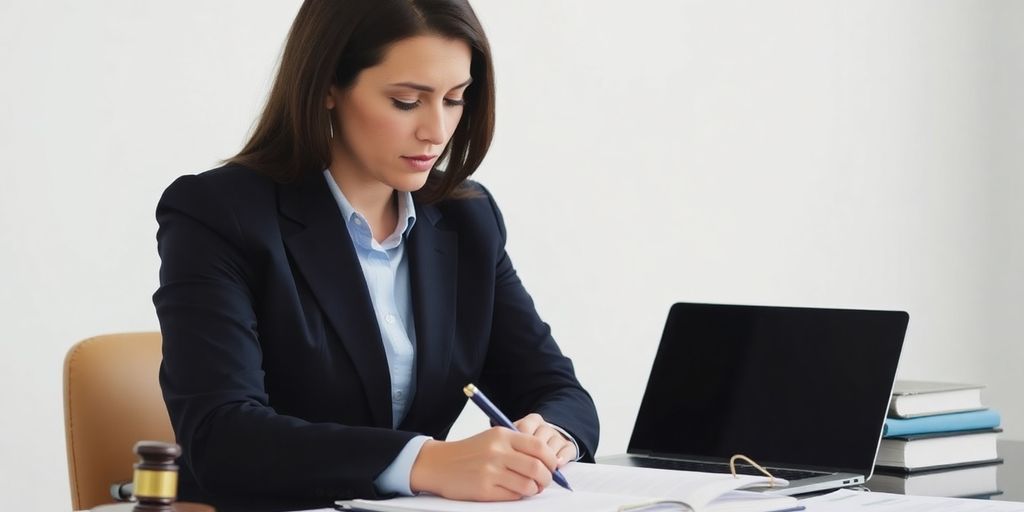 A translator working on legal documents at a desk.