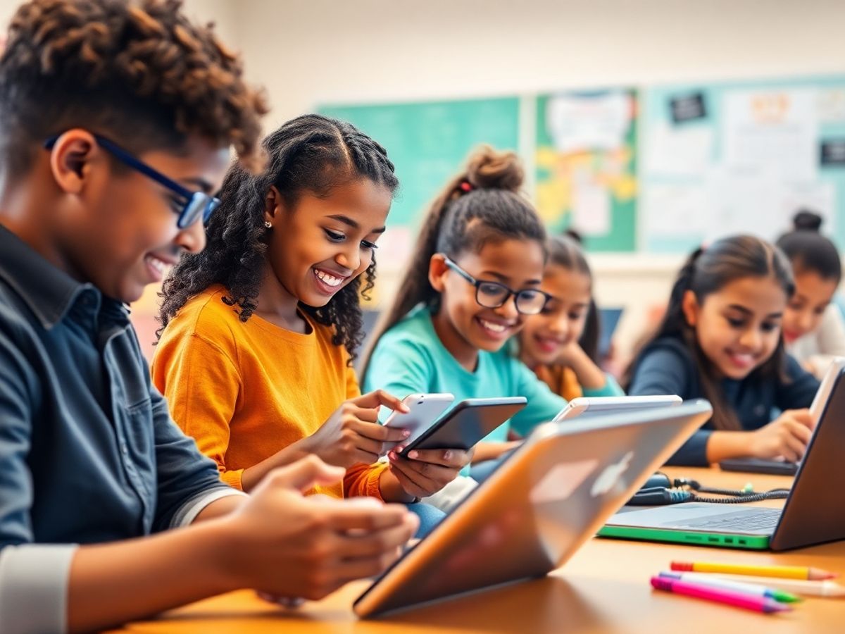 Elevi folosind dispozitive digitale în clasă.