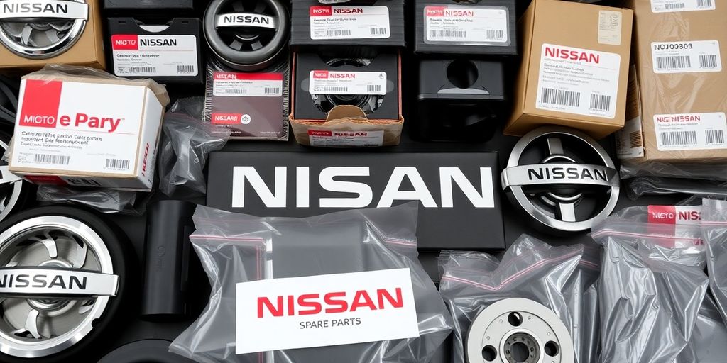 Nissan car parts laid out neatly.