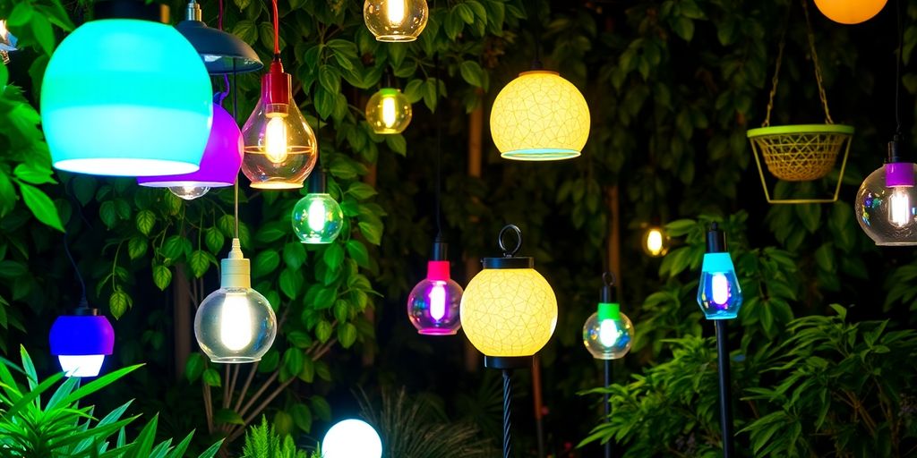 Colorful outdoor light fixtures in a beautifully lit garden.