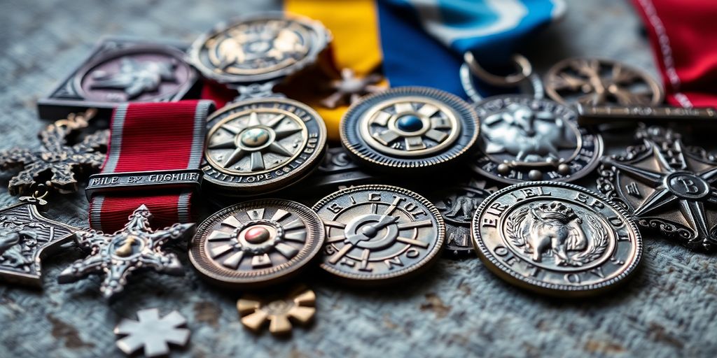 Vintage medals and militaria on a textured surface.