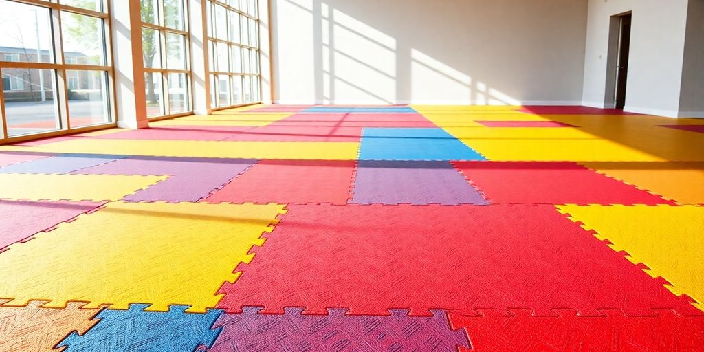 Pavimentazione in gomma colorata, design moderno e sicurezza.