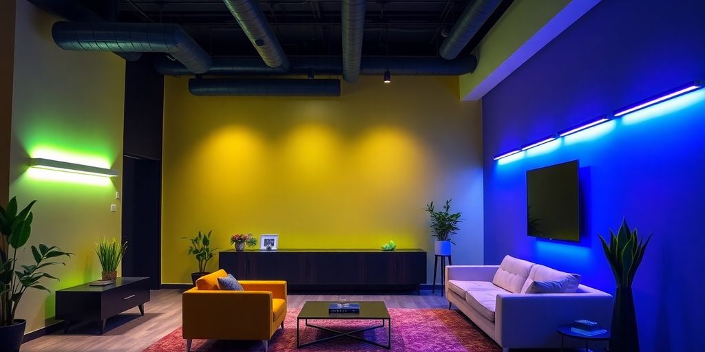 Modern interior with vibrant LED wall lighting.
