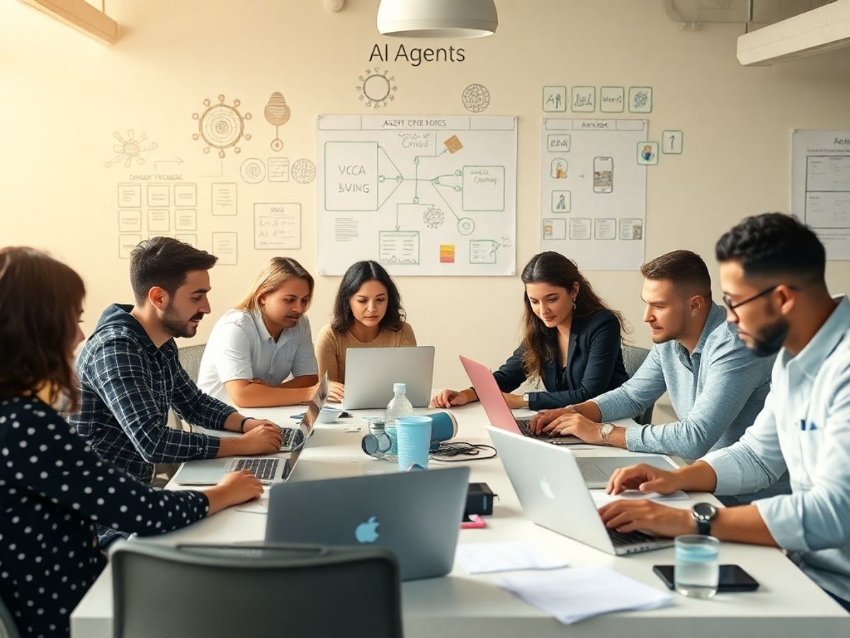 People collaborating on building an AI agent together.