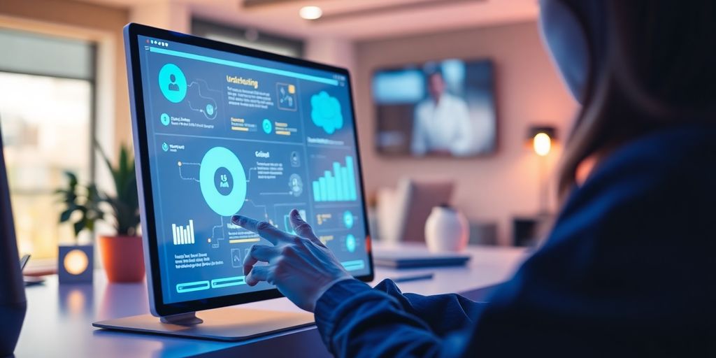 Usuário interagindo com uma interface digital moderna.