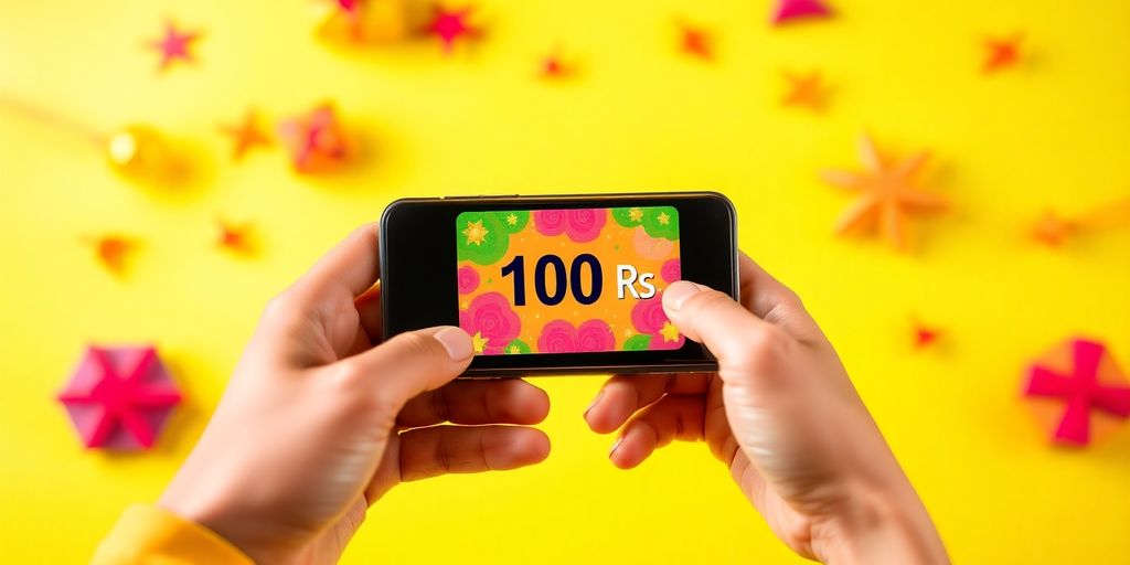 Hands holding smartphone with 100 Rs gift card.