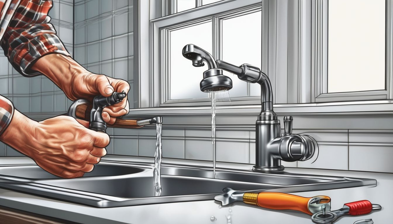person fixing a leaky faucet with tools and replacement parts in a kitchen or bathroom