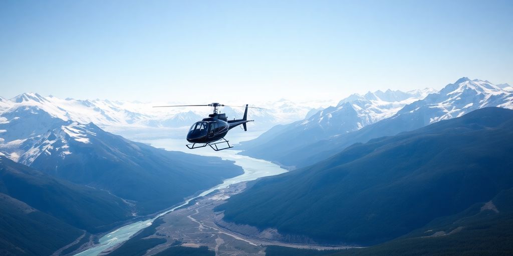A helicopter flying over vast, snow-covered Alaskan mountains.
