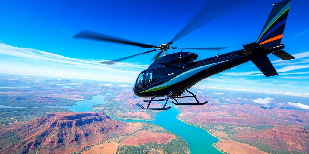 A helicopter in flight over scenic landscapes.