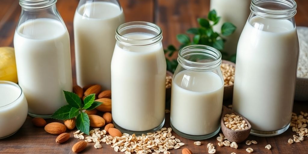 Various milk alternatives in glass containers with ingredients.