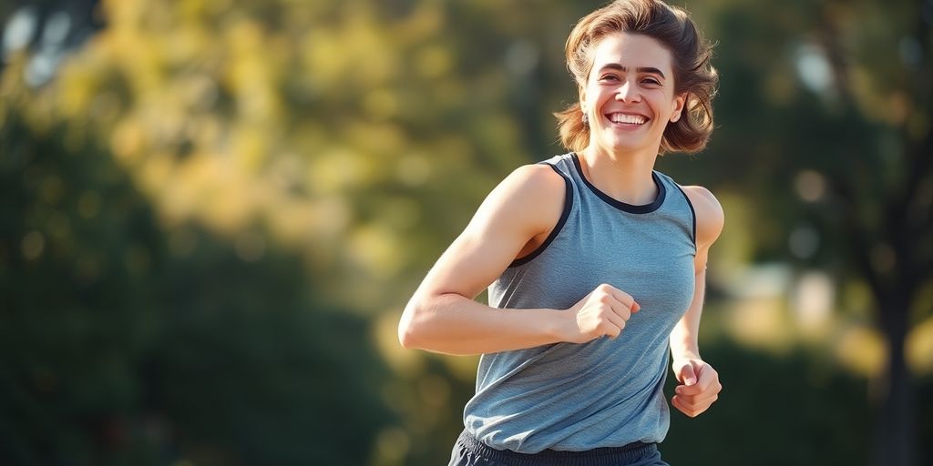 Person running, smiling, healthy, vibrant.
