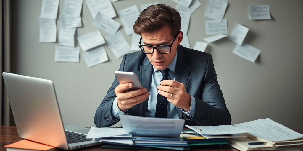 Professionnel frustré avec téléphone et ordinateur portable.