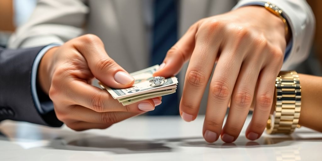 Mains tenant des bijoux et de l'argent devant un prêteur sur gages.