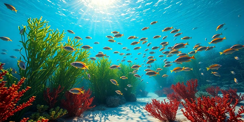 Aquário com peixes coloridos e algas marinhas vibrantes.