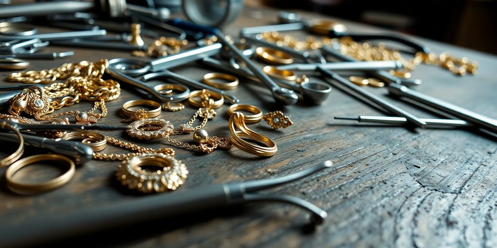 Bijoux en or et outils d'orfèvrerie sur un établi.