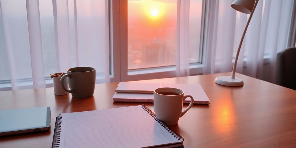 Morning workspace with planner and coffee at sunrise.