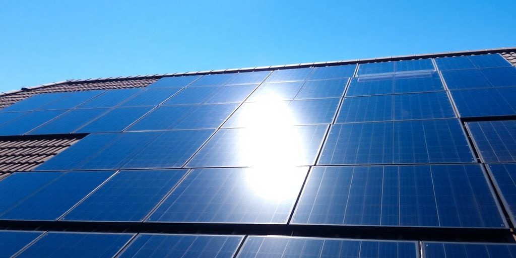 Rooftop solar panels gleam under bright sunlight.