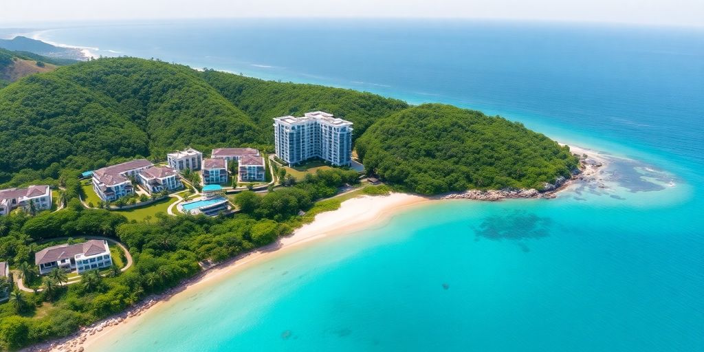 Coastal construction site with cranes and new buildings.