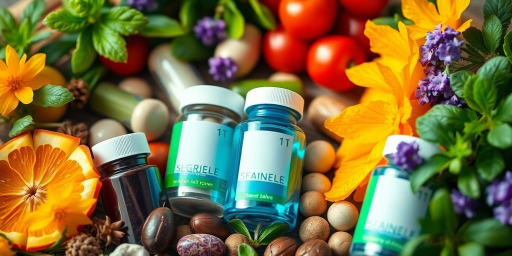 Natural supplements with herbs for skincare and wellness.