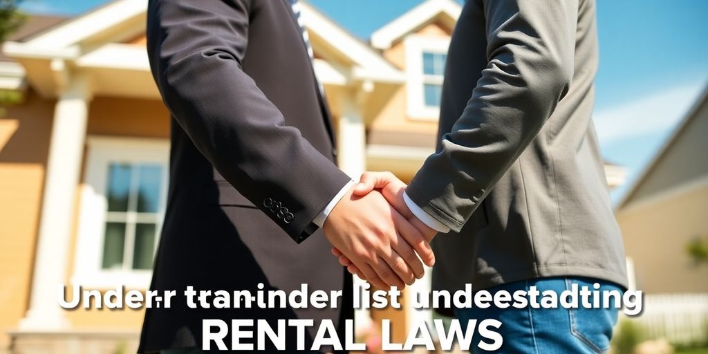 Landlord and tenant shaking hands outside rental property.